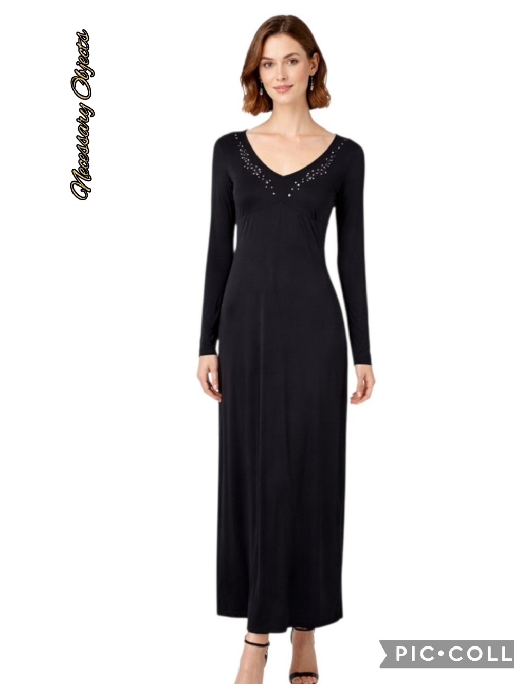 Necessary Objects black maxi long sleeve dress with v-neck & rhinestones nwt